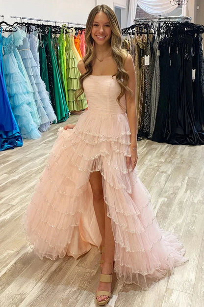 Tiered Tulle A-Line Strapless Empire Party Prom Dress With Slit