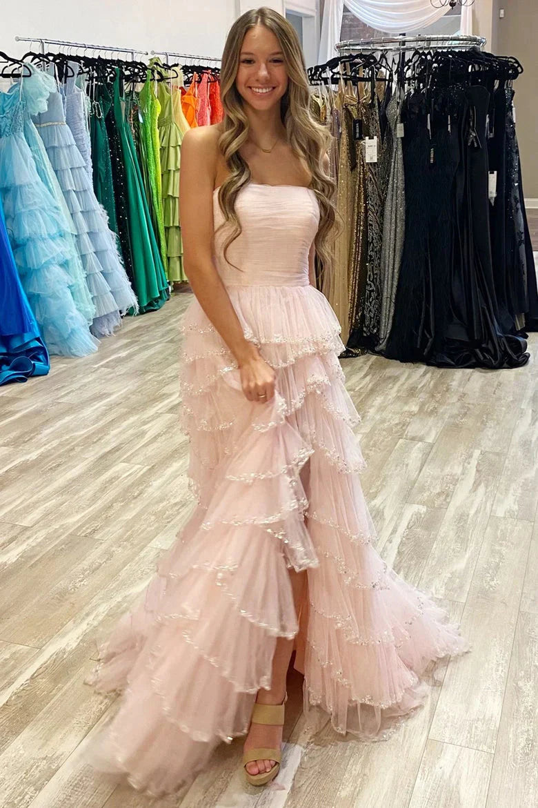 Tiered Tulle A-Line Strapless Empire Party Prom Dress With Slit