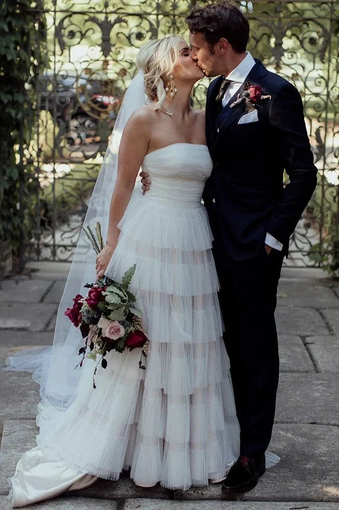 Tiered Tulle A-Line Strapless Empire Wedding Dress