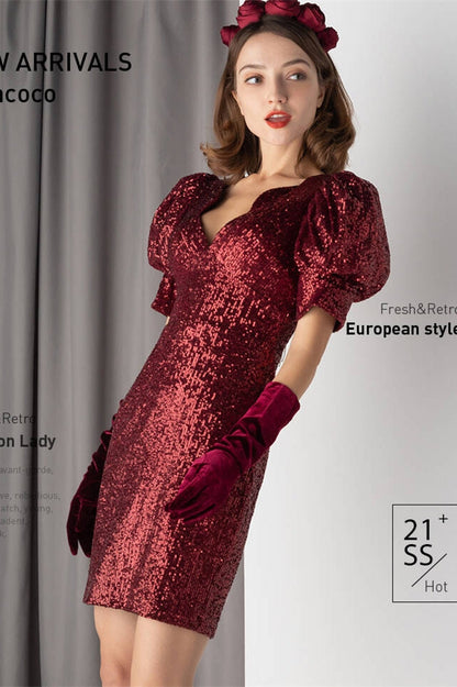 Tight Burgundy Sequined Mini Dress