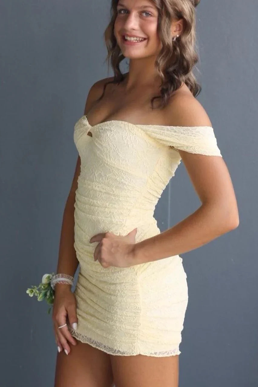 Tight Off-Shoulder Empire Fully Lace Mini Party Homecoming Dress