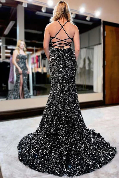 Trumpet Bateau Sleeveless Fully Sequins Prom Dress