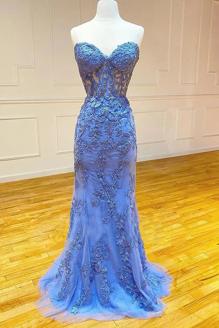Trumpet Sweetheart Strapless Lace Appliques Prom Dress