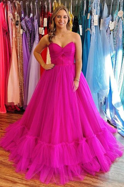 Tulle A-Line Empire Sweetheart Strapless Long Party Prom Dress