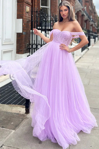 Tulle A-Line Off-Shoulder Empire Long Party Prom Dress