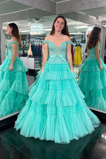 Off-Shoulder Empire Tiered Tulle A-Line Party Prom Dress