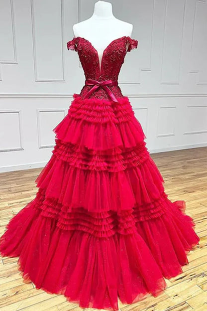 Off-Shoulder Empire Tiered Tulle A-Line Party Prom Dress