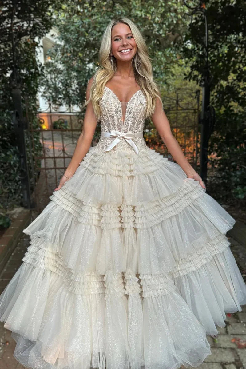 Off-Shoulder Empire Tiered Tulle A-Line Party Prom Dress