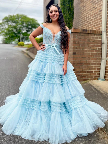 Off-Shoulder Empire Tiered Tulle A-Line Party Prom Dress