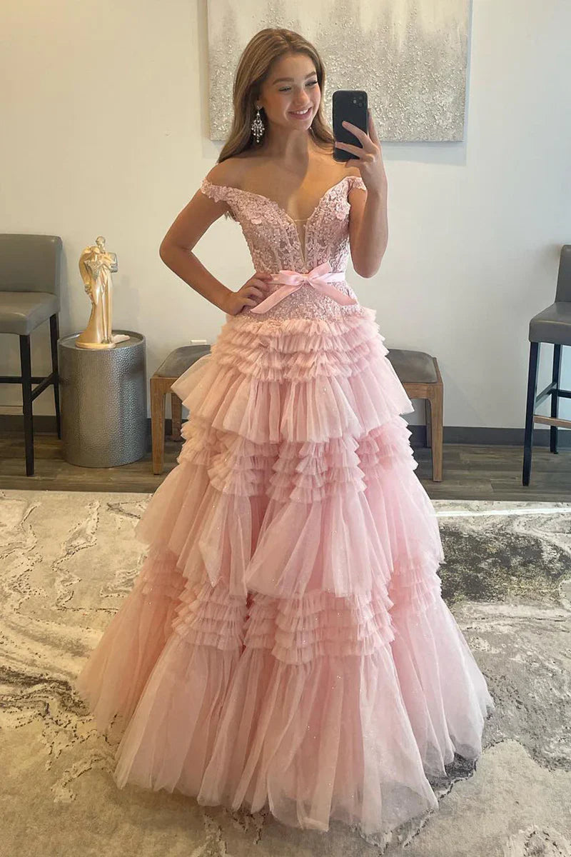 Off-Shoulder Empire Tiered Tulle A-Line Party Prom Dress