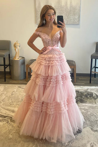 Off-Shoulder Empire Tiered Tulle A-Line Party Prom Dress
