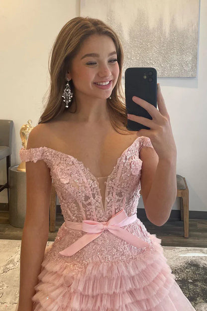 Off-Shoulder Empire Tiered Tulle A-Line Party Prom Dress