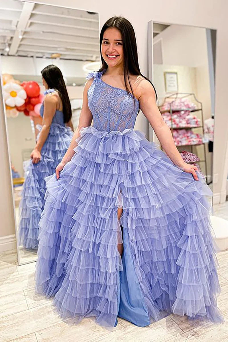 One Shoulder A-Line Empire Tiered Tulle Party Prom Dress