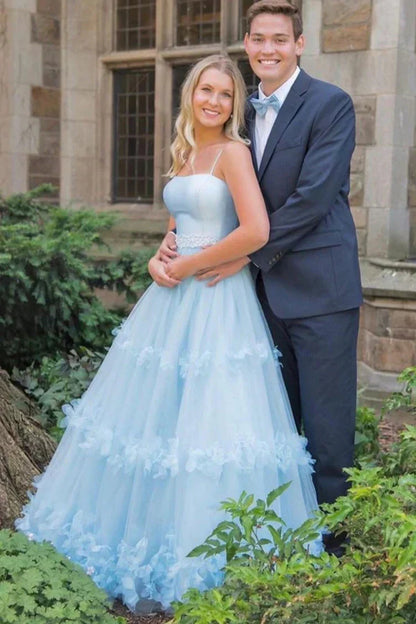 Tulle A-Line Spaghetti Straps Floral Formal Prom Dress