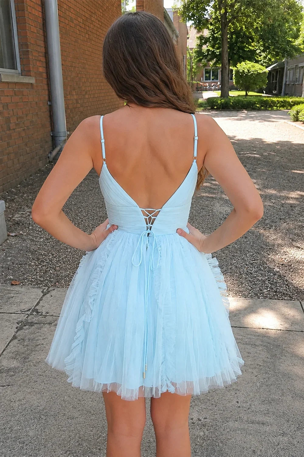 Tulle A-Line Spaghetti Straps Ruffle Mini Homecoming Dress