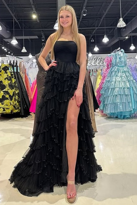 Tulle A-Line Strapless Empire Tiered Party Prom Dress With Slit