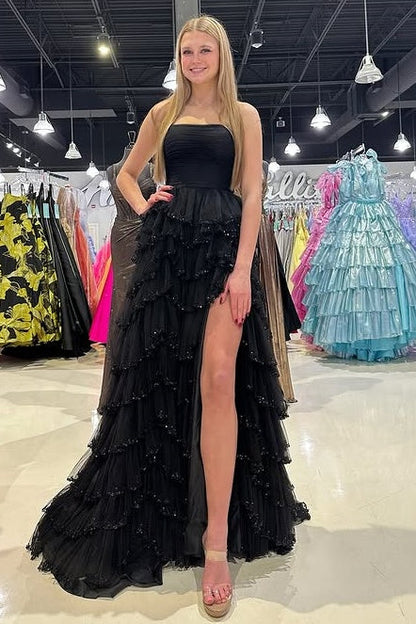 Tulle A-Line Strapless Empire Tiered Party Prom Dress With Slit