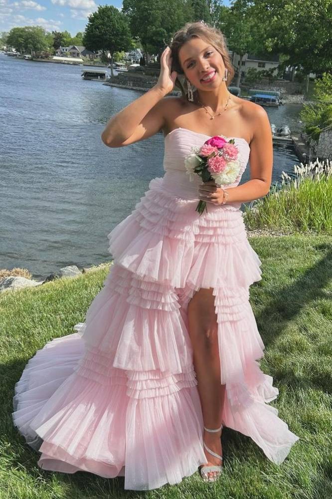 Tulle A-Line Strapless Tiered Prom Gown With Slit