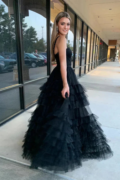 Pink Tulle A-Line Spaghetti Straps Empire Tiered Party Prom Dress