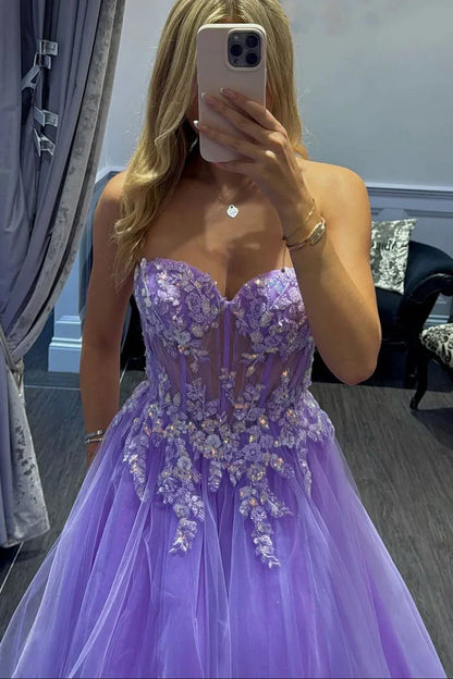 Tulle A-Line Sweetheart Strapless Lace Appliques Long Party Prom Dress