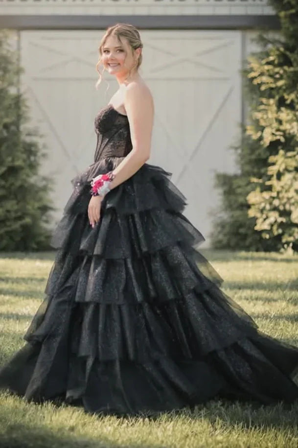 Tulle A-Line Sweetheart Strapless Tiered Party Prom Dress