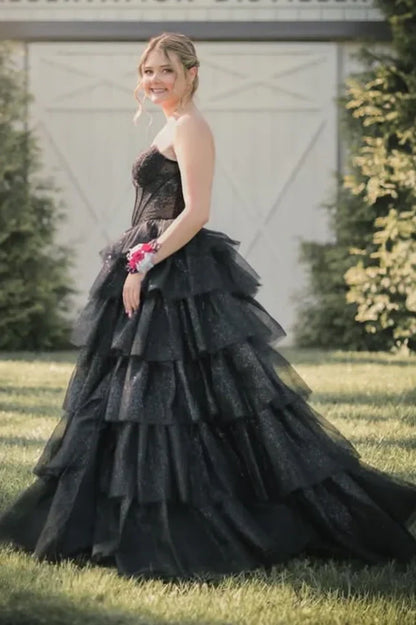Tulle A-Line Sweetheart Strapless Tiered Party Prom Dress