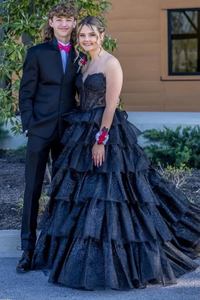 Tulle A-Line Sweetheart Strapless Tiered Party Prom Dress