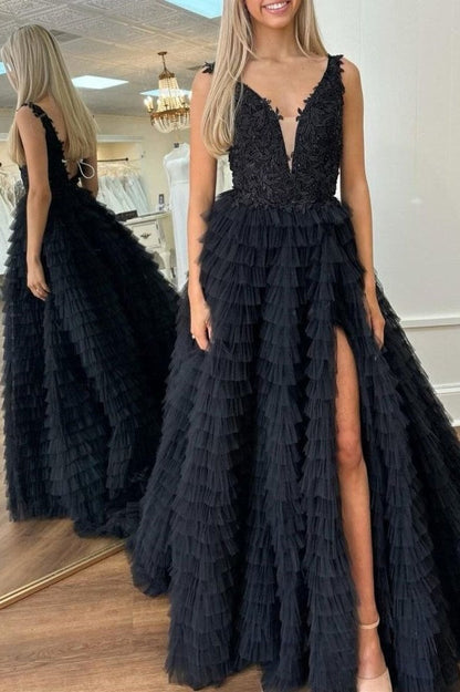 Tulle A-Line V-Neck Backless Appliques Tiered Party Prom Dress