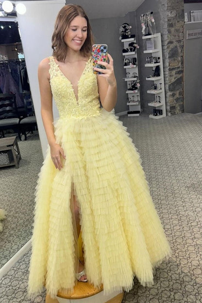 Tulle A-Line V-Neck Backless Appliques Tiered Party Prom Dress