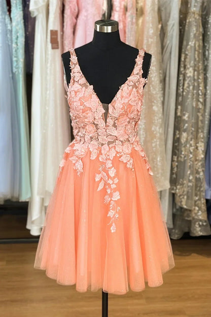 Tulle A-Line V-Neck Backless Floral Appliques Homecoming Dress