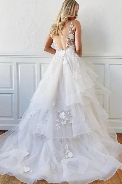 Tulle A-Line V-Neck Sleeveless Appliques Tiered Wedding Dress