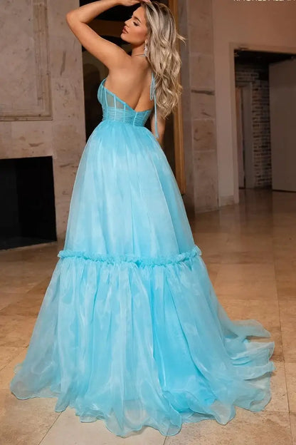 Tulle A-Line V-Neck Sleeveless Long Party Prom Dress