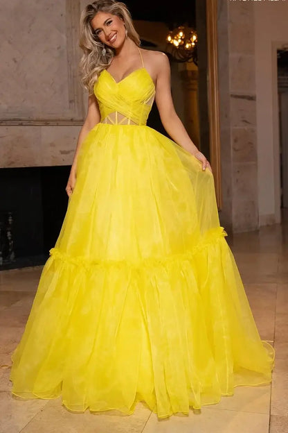 Tulle A-Line V-Neck Sleeveless Long Party Prom Dress