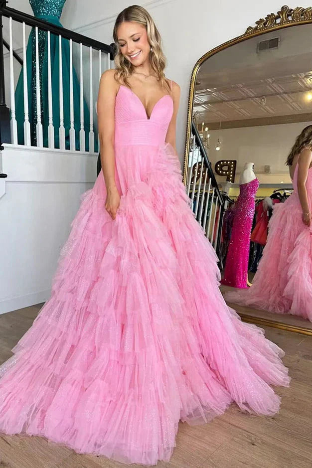 Tulle A-Line V-Neck Spaghetti Straps Tiered Prom Dress