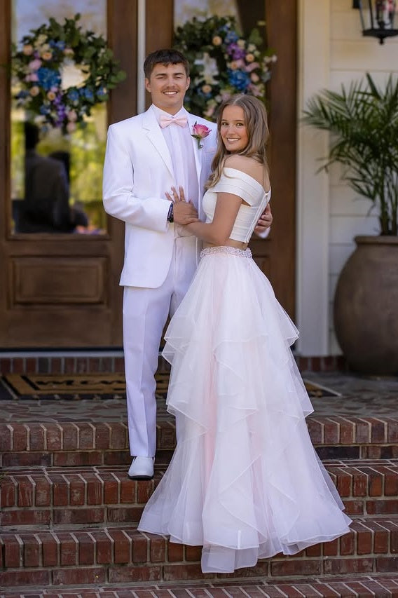 Two Piece Satin And A-Line Tiered Tulle Party Prom Dress