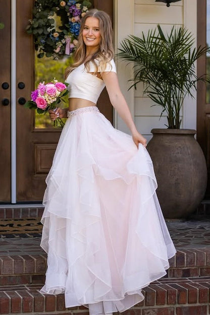 Two Piece Satin And A-Line Tiered Tulle Party Prom Dress