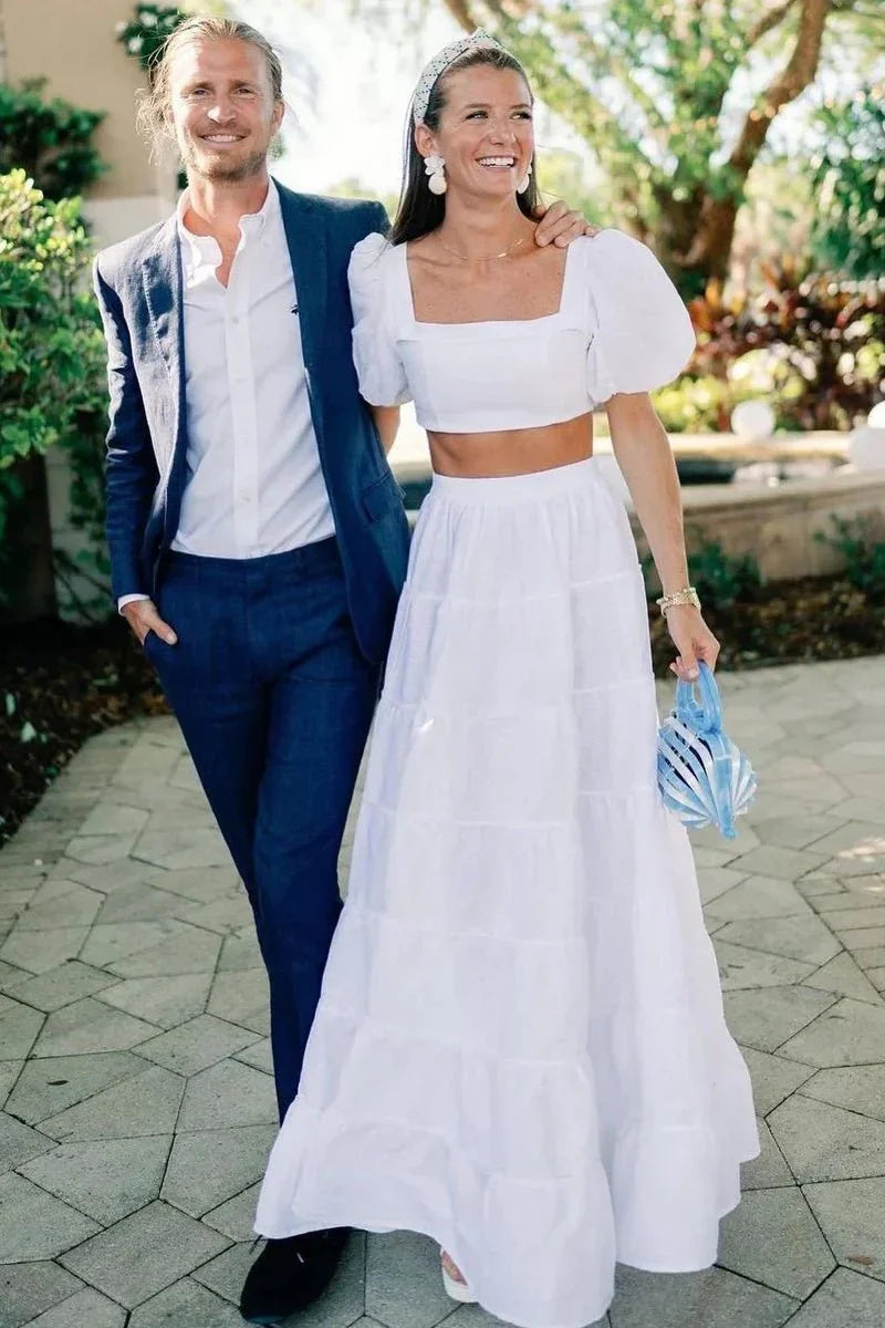 Two Piece Square Short Sleeves A-Line Wedding Dress