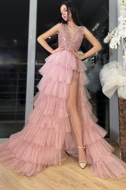 Two Piece V-Neck Backless Sparkly Party Prom Dress With Tulle Train
