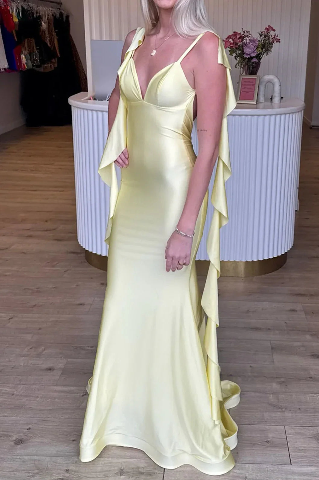 V-Neck Backless Satin Mermaid Long Party Prom Dress With Ruffle