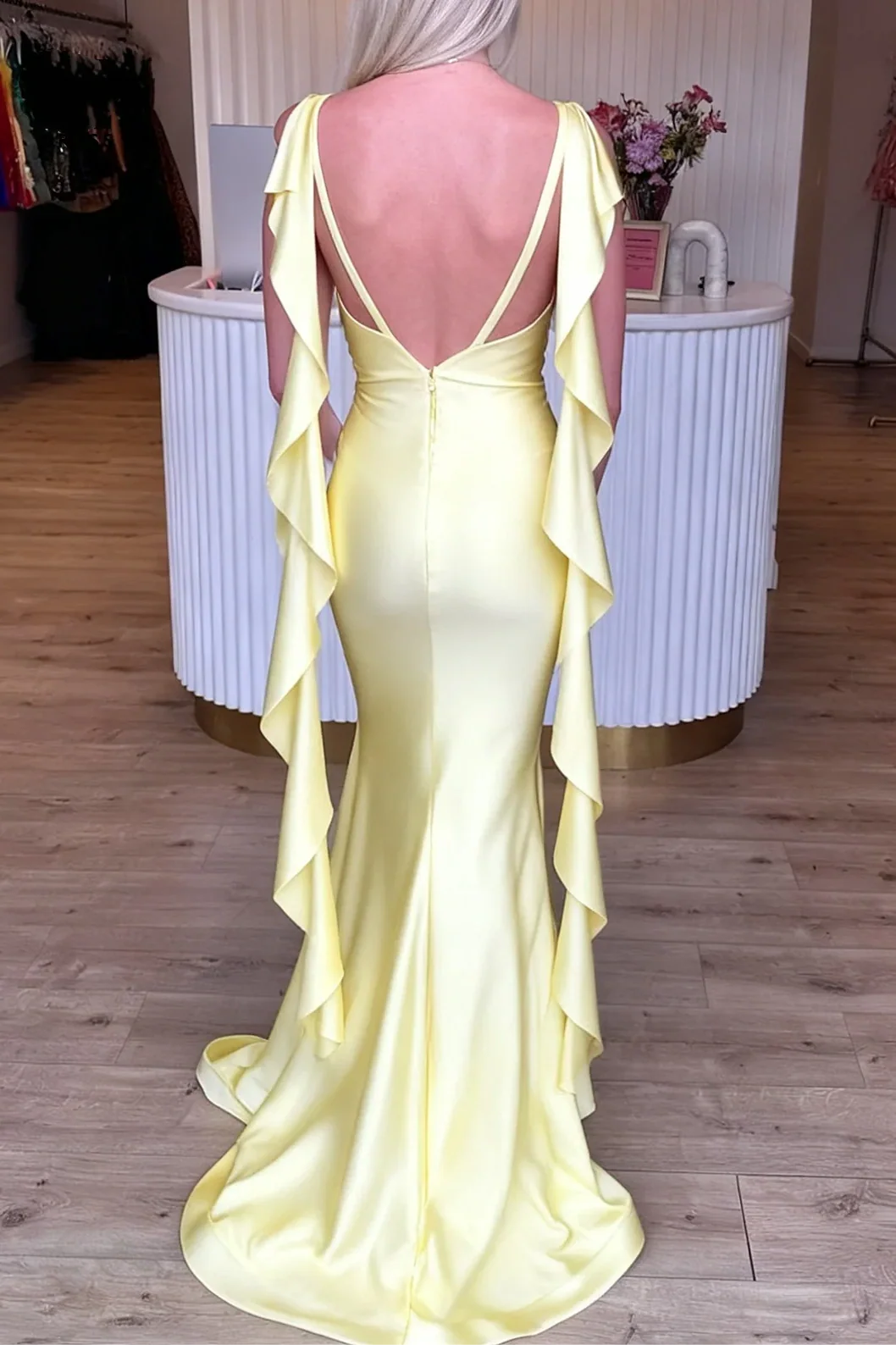 V-Neck Backless Satin Mermaid Long Party Prom Dress With Ruffle
