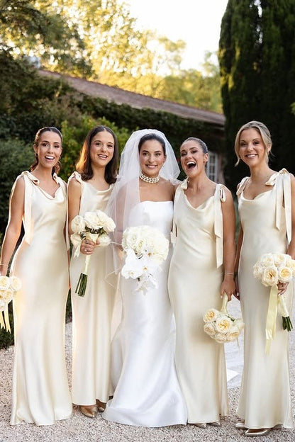 V-Neck Bows Straps Satin Fitted Long Bridesmaid Dress