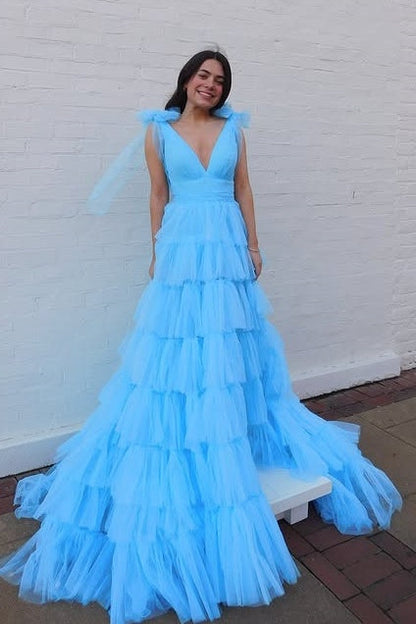 V-Neck Bows Straps Tulle A-Line Tiered Party Prom Dress