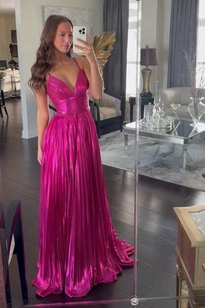 V-Neck Empire Spaghetti Strape Satin A-Line Pleated Prom Dress