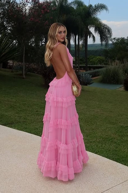 V-Neck Halter Backless Chiffon A-Line Ruffle Party Prom Dress