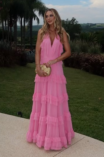 V-Neck Halter Backless Chiffon A-Line Ruffle Party Prom Dress
