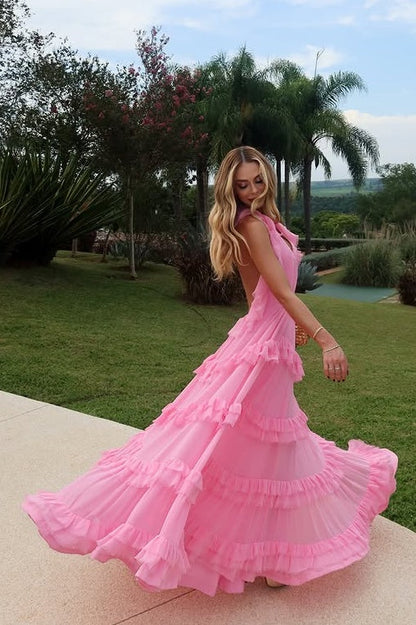 V-Neck Halter Backless Chiffon A-Line Ruffle Party Prom Dress
