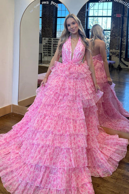V-Neck Halter Backless Empire Tulle A-Line Tiered Party Prom Dress