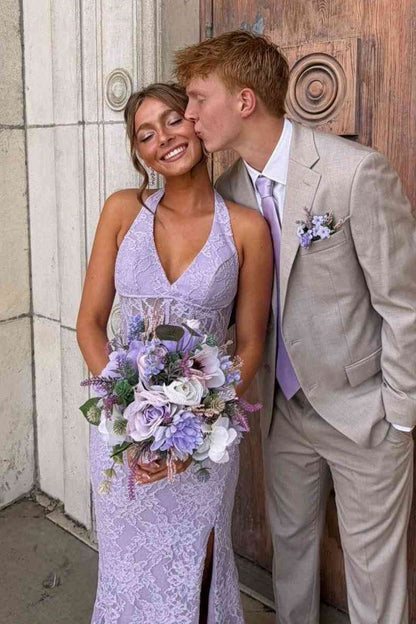 V-Neck Halter Backless Lace Mermaid Split Mermaid Party Prom Dress