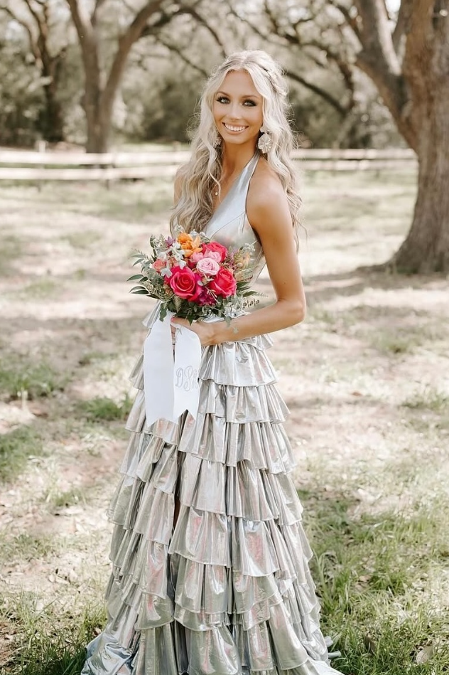 V-Neck Halter Empire Satin A-Line Tiered Party Prom Dress