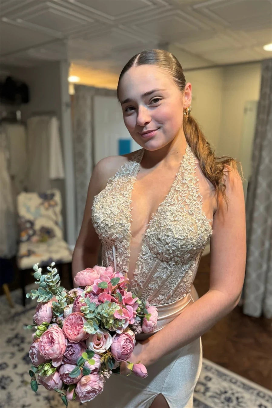 V-Neck Halter Lace Appliques Mermaid Party Prom Dress With Slit